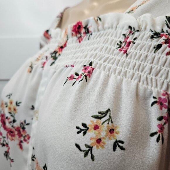 No Boundaries Floral Blouse XL Button Front Criss-Cross Back Recycled Poly - Picture 8 of 15